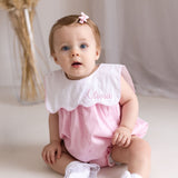 Luxury Pink Baby Girl Romper with Personalised Bib Collar – Woven Cotton