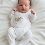 Baby Girls White Horse Sleepsuit & Bib Set