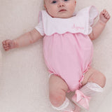 Luxury Pink Baby Girl Romper with Personalised Bib Collar – Woven Cotton