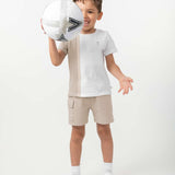 Boys White & Beige Cotton Shorts Set