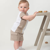 Boys White & Beige Cotton Shorts Set