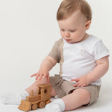 Boys White & Beige Cotton Shorts Set