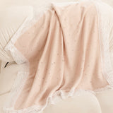 Beige Cotton Baby Shawl with Soft White Lace Trim