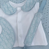 Boys Soft Blue Handmade Sleepsuit, Dummy Clip & Bib Set