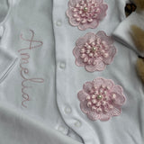Personalised Pink Floral Sleepsuit, Bib & Headband | Luxury Baby Girls Coming Home Outfit