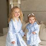 PRE ORDER Luxury Blue Safari Toile Baby Girls Dressing Gown with Frill Trim – Soft Cotton Summer Robe