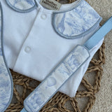 Boys Blue Safari Print Handmade Sleepsuit, Dummy Clip & Bib Set