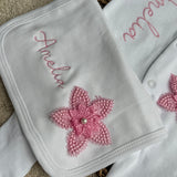 Personalised Pink Flower Sleepsuit, Bib & Headband | Luxury Baby Girls Coming Home Outfit