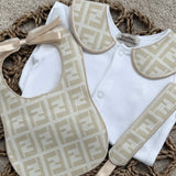 Baby’s Unisex champagne inspired Handmade Sleepsuit, Bib & Dummy Clip Set