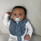 Boys denim Light Blue Louis Handmade Sleepsuit, Dummy Clip & Bib Set