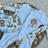 Personalised Safari Scallop Baby Set – Sleepsuit, Bib & Dummy Clip