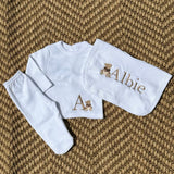 Babys Beige Cotton Personalised 3 Piece Outfit