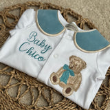 Boys Jade Blue Bear Handmade Sleepsuit And Bib