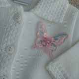 Personalised Pink Butterfly Sparkle Knitted Baby Cardigan – white