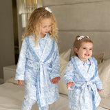 PRE ORDER Luxury Blue Safari Toile Baby Girls Dressing Gown with Frill Trim – Soft Cotton Summer Robe