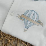 Boys Blue Safari Print Handmade Sleepsuit, Dummy Clip & Bib Set