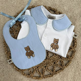 Baby Boys Blue Bear Handmade Sleepsuit & Bib