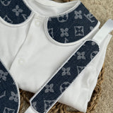 Boys Dark Denim Blue Louis Handmade Sleepsuit, Dummy Clip & Bib Set