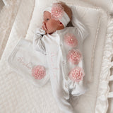 Personalised Pink Floral Sleepsuit, Bib & Headband | Luxury Baby Girls Coming Home Outfit