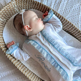 Perfect Little Thing Baby Girls Handmade Frill Sleepsuit With Bib - Blue