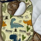 Personalised Dinosaur Baby Set – Sleepsuit, Handmade Bib & Dummy Clip