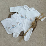 Luxury Personalised Rocking Horse Sleepsuit & Bib Set – Blue Embroidery