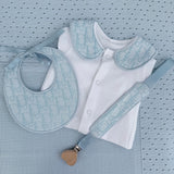 Boys Soft Blue Handmade Sleepsuit, Dummy Clip & Bib Set