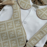 Baby’s Unisex champagne inspired Handmade Sleepsuit, Bib & Dummy Clip Set