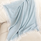 Blue Cotton Baby Shawl with Soft White Lace Trim