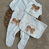 Perfect Little Thing Girls Bow Personalised Sleepsuit Set - Beige