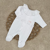 Baby Girls White Sleepsuit with Lace Frill