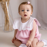 Luxury Pink Baby Girl Romper with Personalised Bib Collar – Woven Cotton