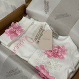 Baby Girls White and Deep Pink Flower Baby Grow With Hat