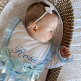 Perfect Little Thing Baby Girls Handmade Frill Sleepsuit With Bib - Blue