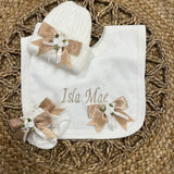 Perfect LittleThing Baby Gift Set with Bows, Bib Socks & Wool Beanie Hat - Beige