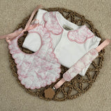 Girls Baby Quilted Pink Safari Print Handmade Sleepsuit, Dummy Clip & Bib Set