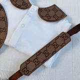 Boys Soft Brown Print Handmade Sleepsuit, Dummy Clip & Bib Set
