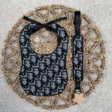 Baby's Jacquard Black Dior Bib & Dummy Clip Set