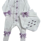 Baby Girls Handmade Lilac Frill Sleepsuit Gift set