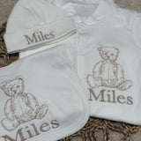 Unisex Baby Personalised Bear Sleepsuit Set With Hat & Bib