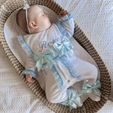 Perfect Little Thing Baby Girls Handmade Frill Sleepsuit With Bib - Blue