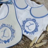 Boy's Blue Crest Handmade Sleepsuit And Bib