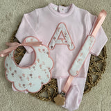 Personalised Pink Hot Air Balloon Baby Set – Sleepsuit, Handmade Bib & Dummy Clip