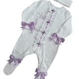 Baby Girls Handmade Lilac Frill Sleepsuit & Headband