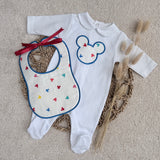 Personalised White & Blue Mouse Print Baby Sleepsuit with Handmade Bib