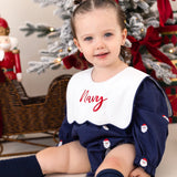Personalised Navy Santa Christmas Baby Girls Romper with Oversized Bib Collar
