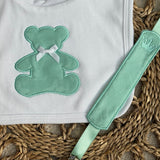 Mint Teddy Appliqué Bib & Handmade Dummy Clip Set
