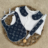 Boys Dark Denim Blue Louis Handmade Sleepsuit, Dummy Clip & Bib Set