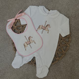 Baby Girls White Horse Sleepsuit & Bib Set