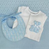 Boys Blue Billy Bear Handmade Sleepsuit & Bib Set